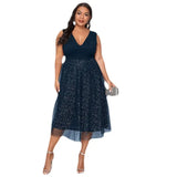 Fongt Women's Clothing Autumn Large-Size-In-Neck V-Neck Sexy Blue Body-In-Body Wave Point High-End Dress