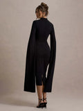 Solid Cape Bodycon Midi Dress-Outfit