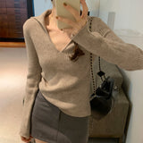 Lapel Folded Into Solid Color Long-Sleeved Knitted Sweater A New Style V-Collar Underwear In Autumn And