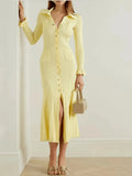 Fongt Collar Body Solid Temperament Elegant Knitted Dress Long Dress Autumn And Winter Women's Dress