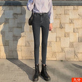 Fongt Double-Button Small Foot Jeans Women's Fall 2024 New Summer Slim Show Thin Nine Minutes Tight Black Pants-Outfit