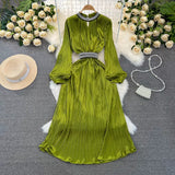Light And Extravagant Miyake Pleated Long-Sleeved Diamond-Encrusted Vertical Collar Waist Showing Thin Bright Face A-Shaped Dress Dress-Outfit