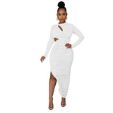 Fashion Women's Solid Color Pleated Round Collar Long Sleeve Dress-Outfit