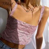 2021 Backless Print Sleeveless Tank Tops Pink Bandage Off Shoulder Summer Crop Top Casual Sexy