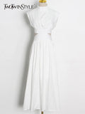 TWOTWINSTYLE Solid Cut Out Dress For Women Stand Collar Sleeveless High Waist Minimalist Midi Dresses Female Clothes Fashion
