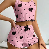 Fongt New 2024 Knitted Pit Strip Love Print Design Sweet Sling Shorts Pure Pyjamas
