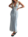 Women Backless Long Dress Sexy Floral Print Sleeveless Lace V-neck Cocktail Dress Slim Spaghetti Strap Vestidos Party-Outfit