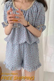 Print Summer Pajamas Set Women Shirts Tops + Shorts Set Two Piece Ruffles Sweet Home Suit Home Clothes