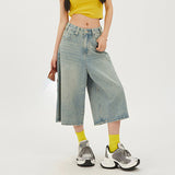 Summer Y2k Retro Women Low Waisted Wash Cropped Baggy Jeans Wide Leg Frayed Denim Short Pants Korean Fashion Pants-Outfit