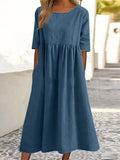 Fongt Cotton-Sleeved Short-Sleeved Pocket Folded Loose Round-Neck Dress In Summer