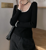 Contrast Color Trim Slim Long Sleeve Knit Top-Outfit