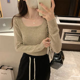 Short Soft Waxy Sweater With Square Collar And A New Short Long-Sleeved Blouse For Women In Autumn And Winter-Outfit