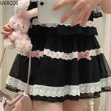 Bow Japanese Kawaii Lolita Skirts Women Lace Ruffles Korean Fashion Cute Skirt Female Preppy Style High Waist Fairy Skirts-Outfit