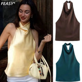 Fongt Summer New Silk Tatami Temperament Hanging Neck Blouse