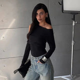 Black Asymmetrical Cut Out Off Shoulder Long Sleeve Top-Outfit