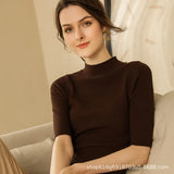 Fongt 2024 New Half High Turtleneck Slim Sweater Knit Short Sleeve Half Sleeve Five Minutes Middle Sleeve Tight Middle Sleeve Bottom Shirt-Outfit