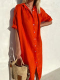 Casual Loose Sleeves Button Dress Cotton And