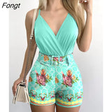 Cami Tops & Plants Print Shorts Set with Belt Summer Women Two Piece