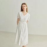 Jacquard French Gentle White Women Dress V-Neck Summer 2022 New Solid Short Slevee Mid-Calf Straight Boho Women