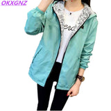 Spring Autumn Women Basic Jacket Pocket Zipper Hooded Two Side Wear Cartoon Print Outwear Loose Coat Windbreaker Female