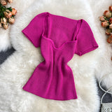Fongt Spice Sister Wind Short T Shirt Short Sleeve Design Sense Small Square Collar Machine Dew Collarbone Crop Sweater Jacket Female-Outfit