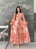 Fongt Dress Women 2025 New High-End Sense V-Neck Pearl Buckle Lantern Sleeves Wide Swing Print Long Skirt