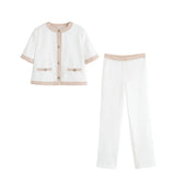 Fongt Women's Summer Casual Claming Dress-Up Short Sleeve Coat High Waist Casual Pants Set