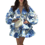 Fongt Autumn And Winter Women's Elegant Fashion V-Neck Bubble Long Sleeve Print Flounce Short