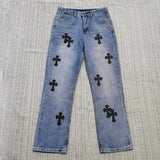 New Crowne Loose Printed Jeans Cross Leisure Straight Tube Loose White Washed Trousers-Outfit