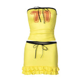 Fongt Women's Summer New Drawstring Strapless Tectar T-Shirt Wood-Eared Half-Dress