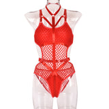 Dark Gothic Fishnet Sexy Bodycon Halter Bodysuits Women Grunge Punk Hollow Out Nightclub Lingerie Patchwork Emo Alt