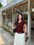 Fongt Xixi 13 Lines 2025 Autumn White Standard Temperament Collar Bottom Knitted Short-Sleeved T-Shirt 89545