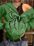 Spider Print Zip-Up Hoodie-Outfit