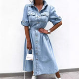 Summer Women's New Button Shirt Short-Sleeved Denim Dress-Outfit