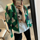 Fongt And Winter New College Temperament Small Knit Coat Female Retro British Wind Diamond Grid V-Neck Sweater Cardigan-Outfit
