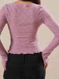 Women Lace Slim Fit Tees Tops Long Sleeve Deep V-neck Front Mini Bowknot Patchwork T-shirts Clubwear 2024 Solid Tops-Outfit