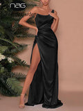Off Shoulder Satin Dress Split High Waist Zipper Ruched Long Bodycon Dress Summer Birthday Party Elegant Black