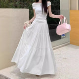 Fongt Fatmm Cake White Dress Autumn Big Umbrella Skirt Folded Tight Body Fat Long Skirt