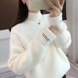 Women Half Turtleneck Sweater Autumn Loose Wool Pullover Knitted Jumper Long Sleeve Letter Top Casual Warm Ladies
