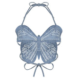 y2k Butterfly Jeans Crop Top Backless Strap Camis Sexy Blue Cute Party Sweats Women Beach Holiday Mini Vest Summer