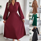 Fongt Shooting 2025 Autumn And Winter Elegant Triple V-Neck Long Sleeves To Close The Waist 100-Folded Long Skirt Women's Clothing