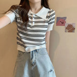 Chic Chromic Design With A Chic Polo Collar Knitted Shirt For Women's Summer T-Shirt Striped Short