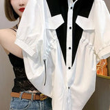Streetwear Solid Color Patchwork Blouse Women's Clothing Casual Single-breasted Shirring Summer Commute Polo-Neck Shirt-Outfit