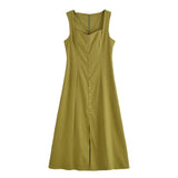 Fongt Spring Summer New Women's Fashion Elegant Square Neckless Dress