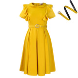 Fongt Women's Short-Sleeved Doll Collar Solid Color Short-Sleeved Lotus Leaf Side High-Waisted Dress