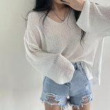 2021 White Blouse Hollow Out Sunscreen Sweater Loose Lady Tops V-neck Sweater Summer Sunscreen Blouse New Chic