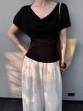 Fongt Xixi 13 Lines 2025 Summer New Temperament Simple Thin Elegant V-Tneck T-Shirt Top Women 25241