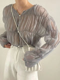 Fashion Pleated Casual Blouse Women Summer New Loose Folds Perspective Chiffon Shirt Long Sleeve Tops Blusas Mujer
