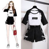Summer korean two piece set women patchwork bandage T-shirt + side bandage denim shorts set for girt student black