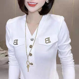 Slim Solid Color Screw Thread Pullovers Casual Fake Pocket Patchwork Female Spring Autumn Letter Elegant V-Neck T-shirt-Outfit
